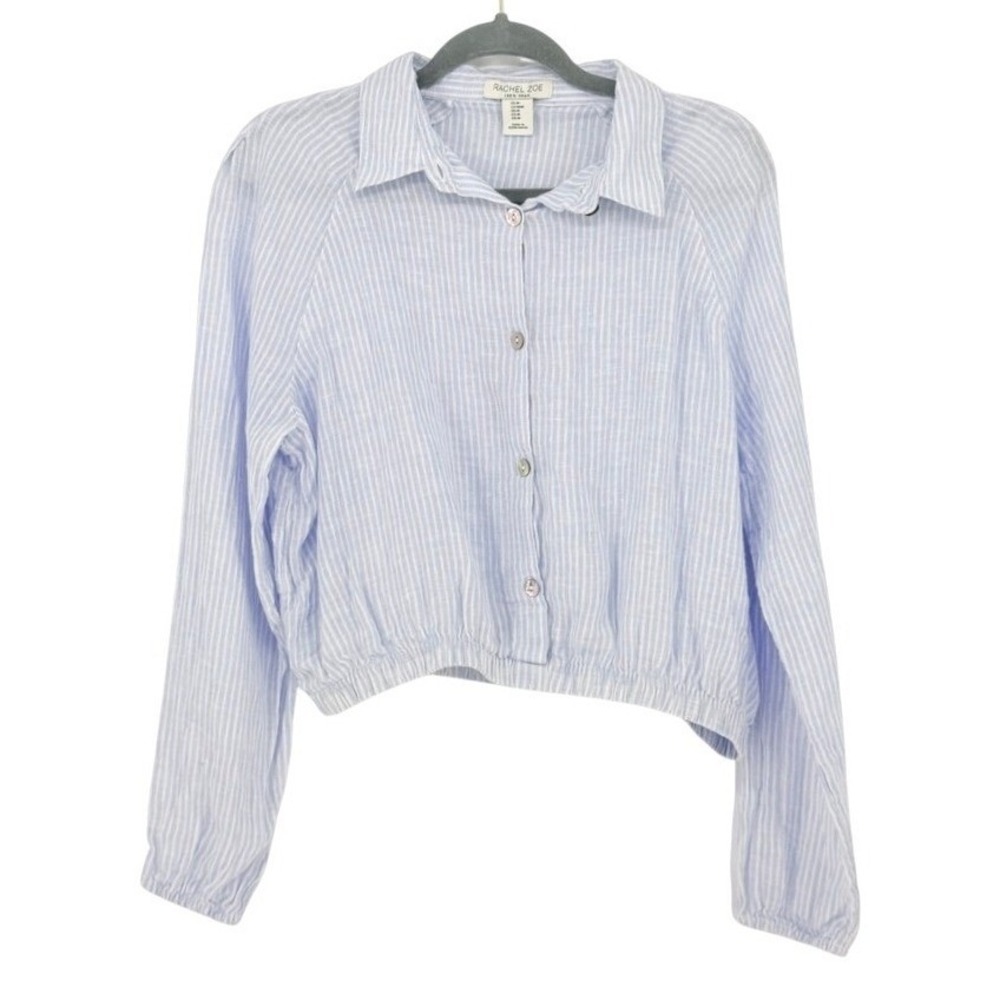 Womens 100% Linen Fisherman Coastal Blue‎ White Striped Cropped Button Shirt M